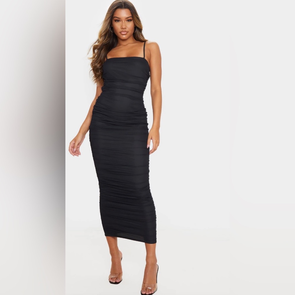 Pretty Little Thing | Black Strappy Mesh Ruched Midaxi Dress